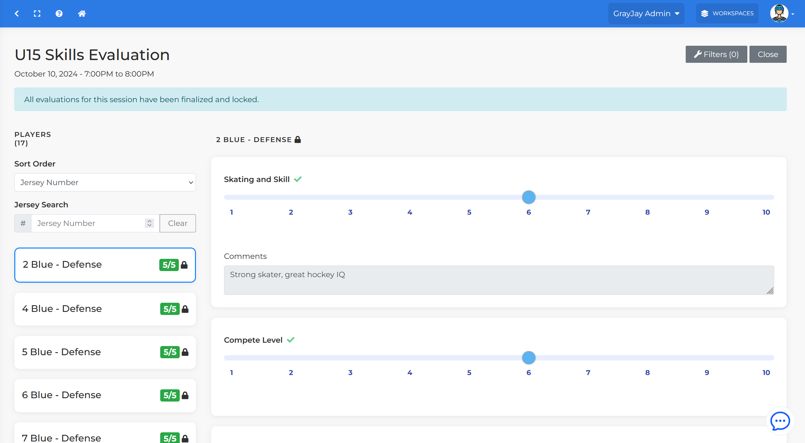 Player Evaluations Interface
